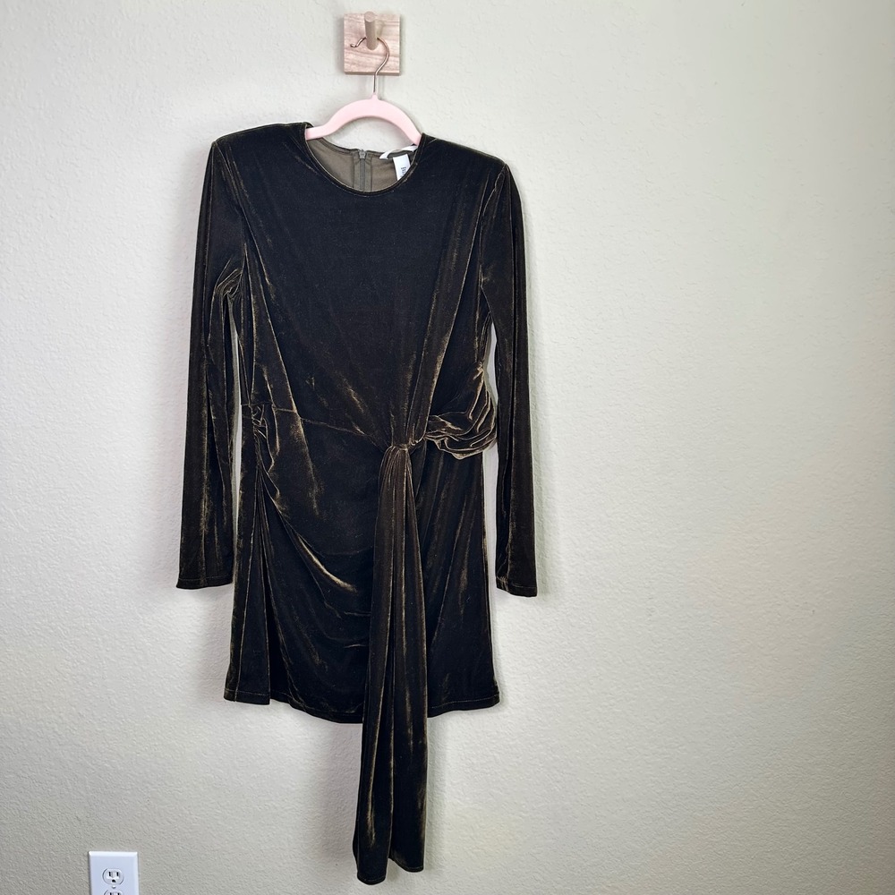 H&M Velvet Tie-Waist Long Sleeve Mini Dress Brown Size M NWT  Cocktail Holiday